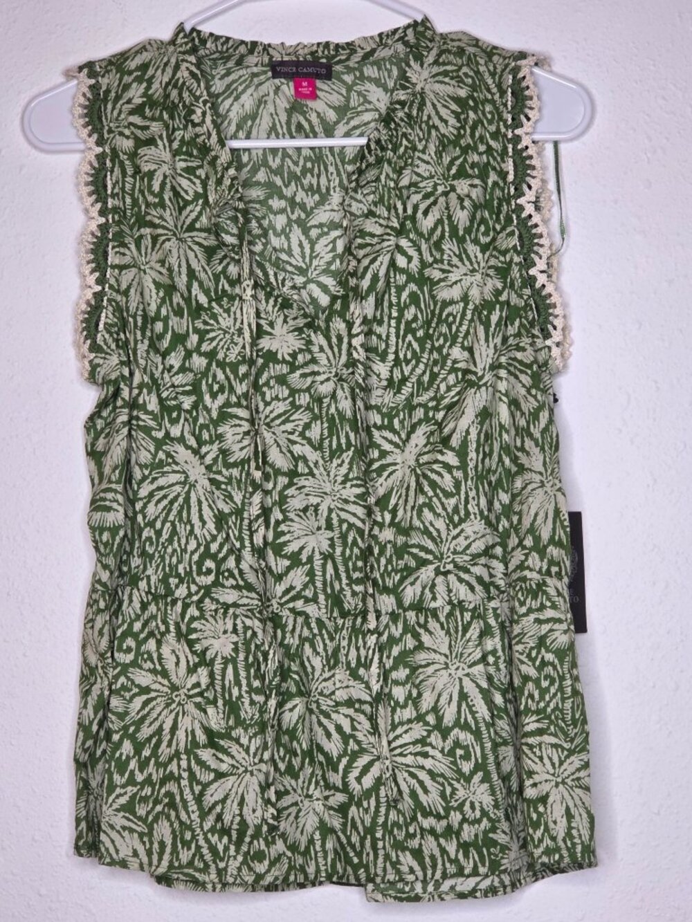 Vince Camuto Peplum-Hem Floral-Print Crocheted-Trim Top - Olive M